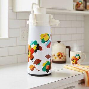 Vintage 70s Floral Air Pot Thermos Pump Carafe Retro Coffee Tea Dispenser White